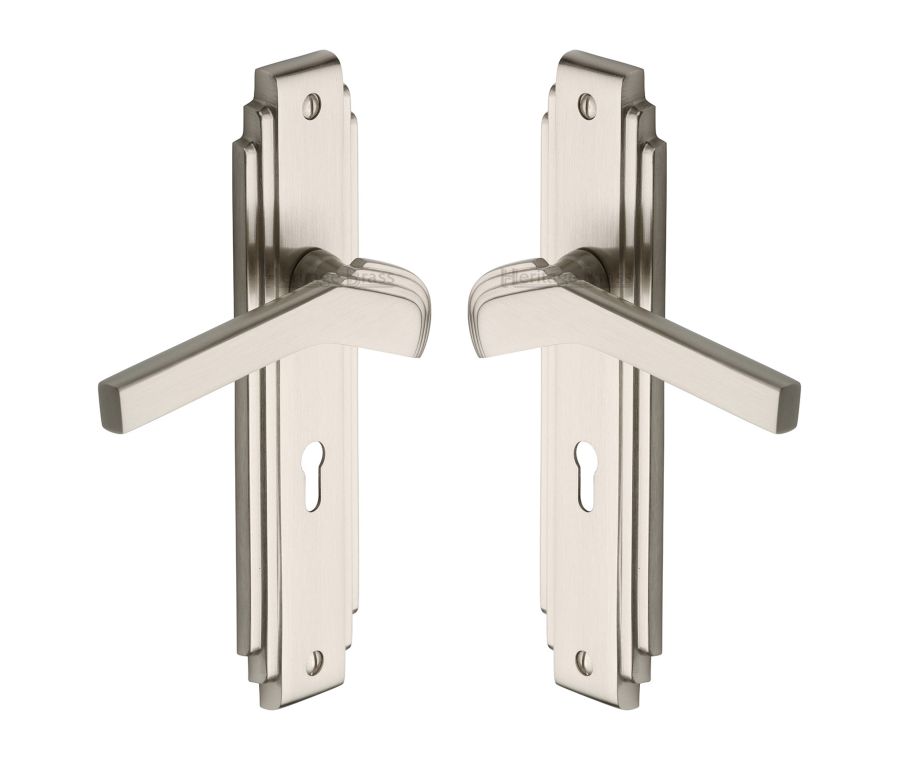 Heritage Brass Satin Nickel Tiffany Door Handle on Plate - Lever Lock