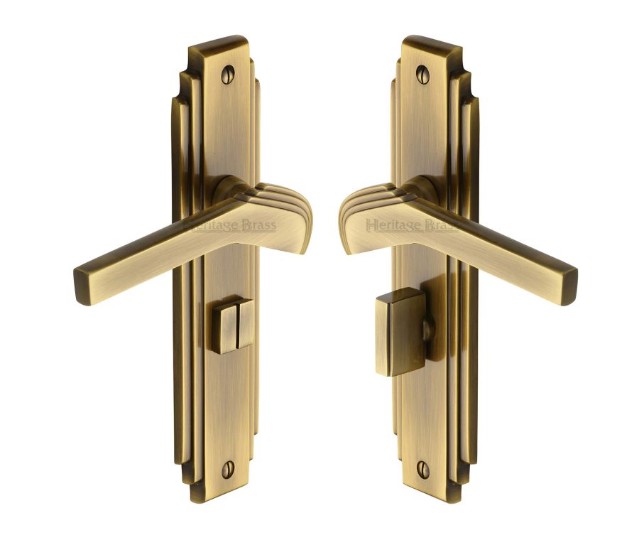 Heritage Brass Antique Brass Tiffany Door Handle on Plate - Bathroom Set