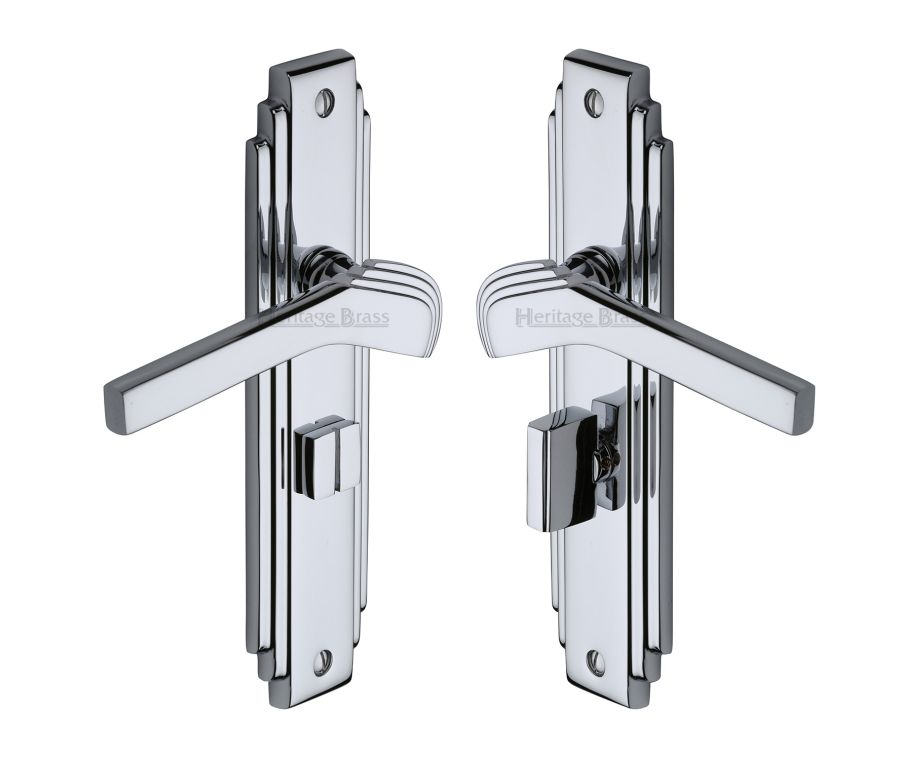 Heritage Brass Polished Chrome Tiffany Door Handle on Plate - Bathroom Set