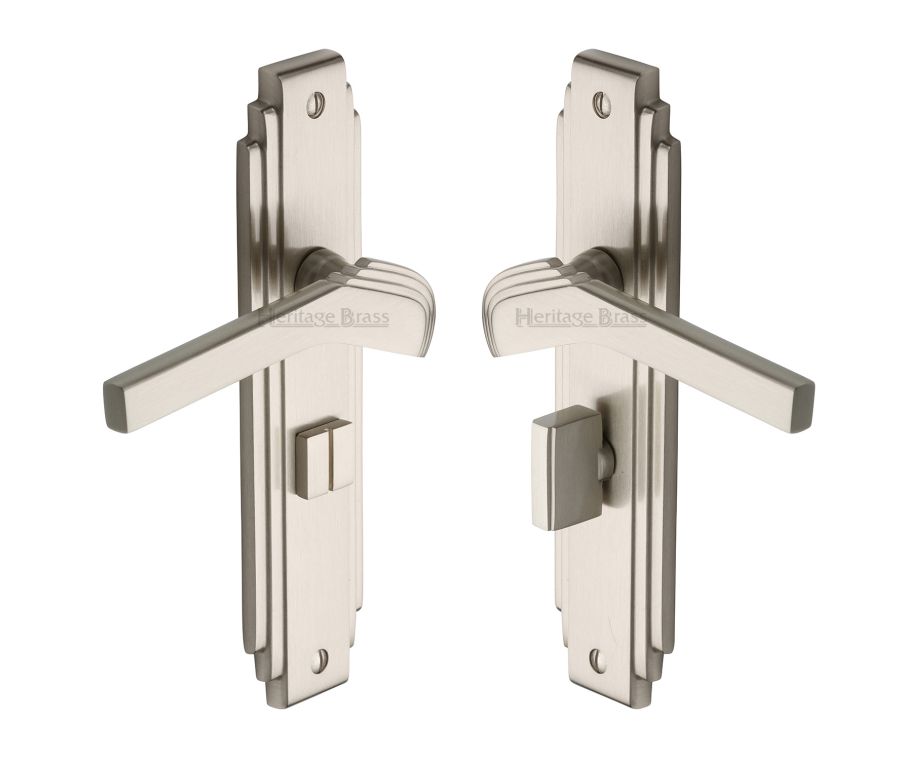 Heritage Brass Satin Nickel Tiffany Door Handle on Plate - Bathroom Set