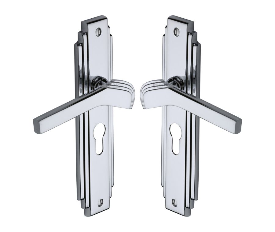 Heritage Brass Polished Chrome Tiffany Door Handle on Plate - Euro Profile