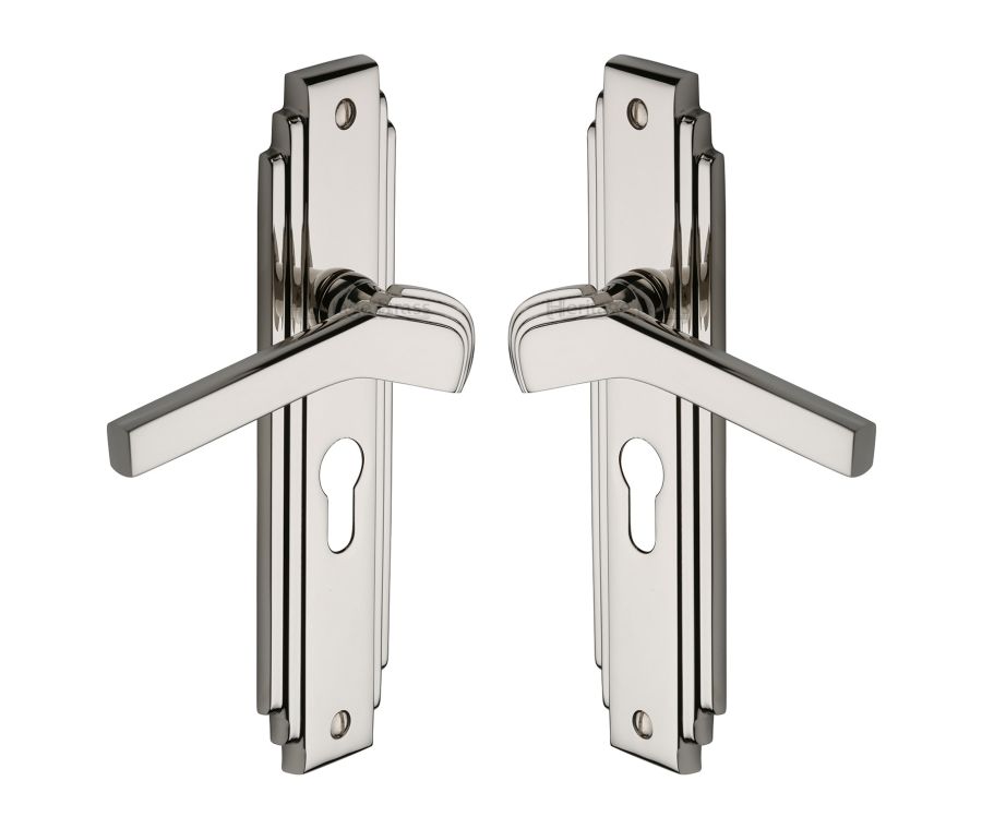 Heritage Brass Polished Nickel Finish Tiffany Door Handle on Plate - Euro Profile