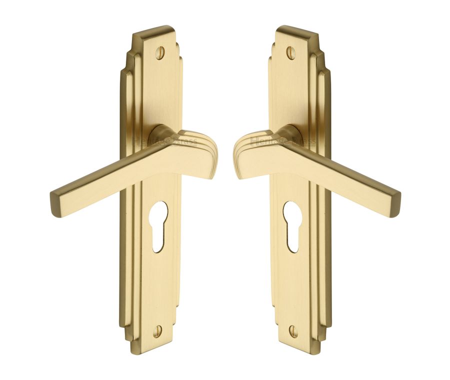 Heritage Brass Satin Brass Tiffany Door Handle on Plate - Euro Profile