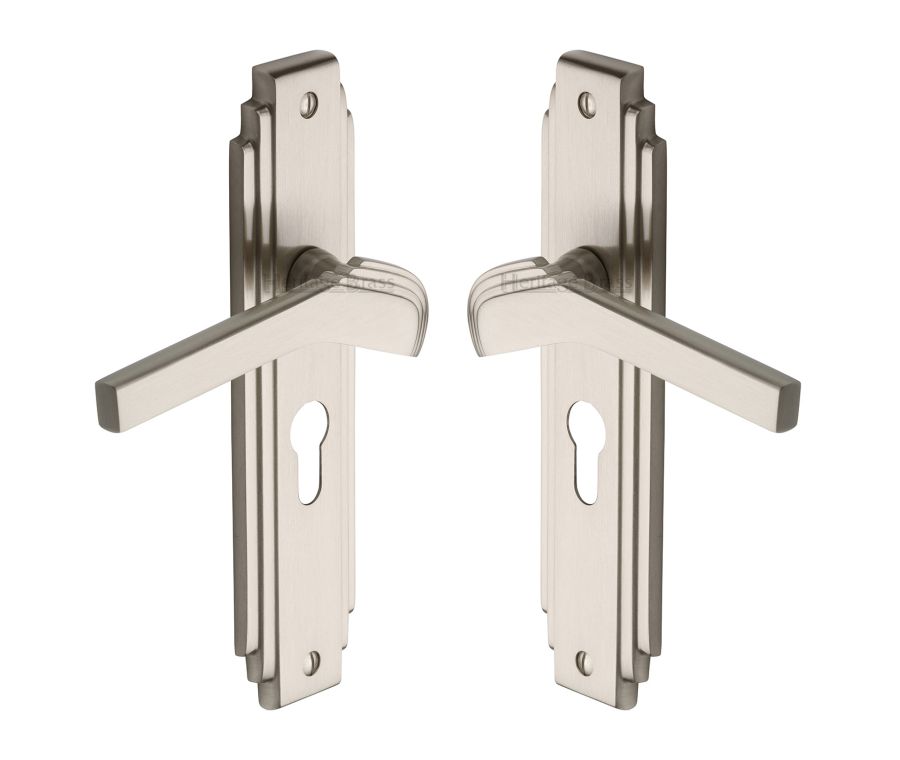 Heritage Brass Satin Nickel Tiffany Door Handle on Plate - Euro Profile