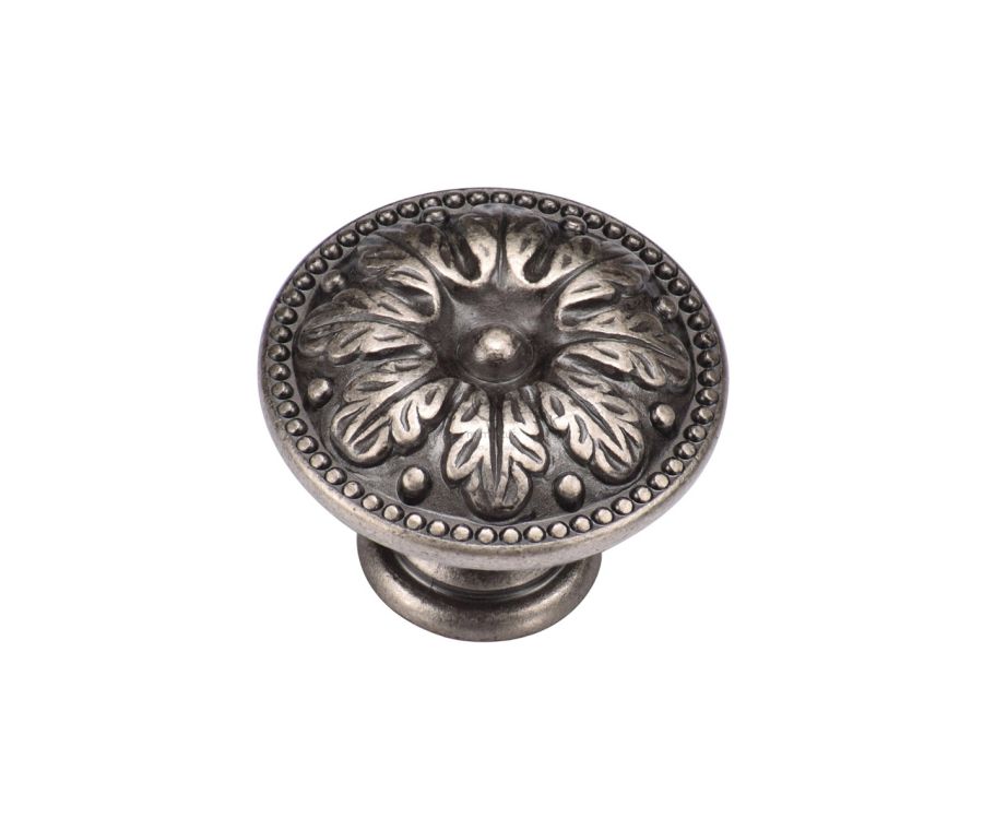 Distressed Pewter Floral Round Knob - 35mm  | TK4479-035-DPW