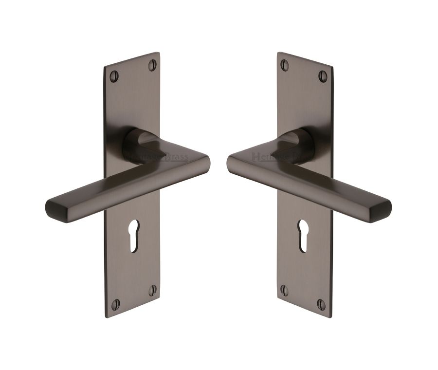 Heritage Brass Matt Bronze Trident Door Handle on Plate - Lever Lock