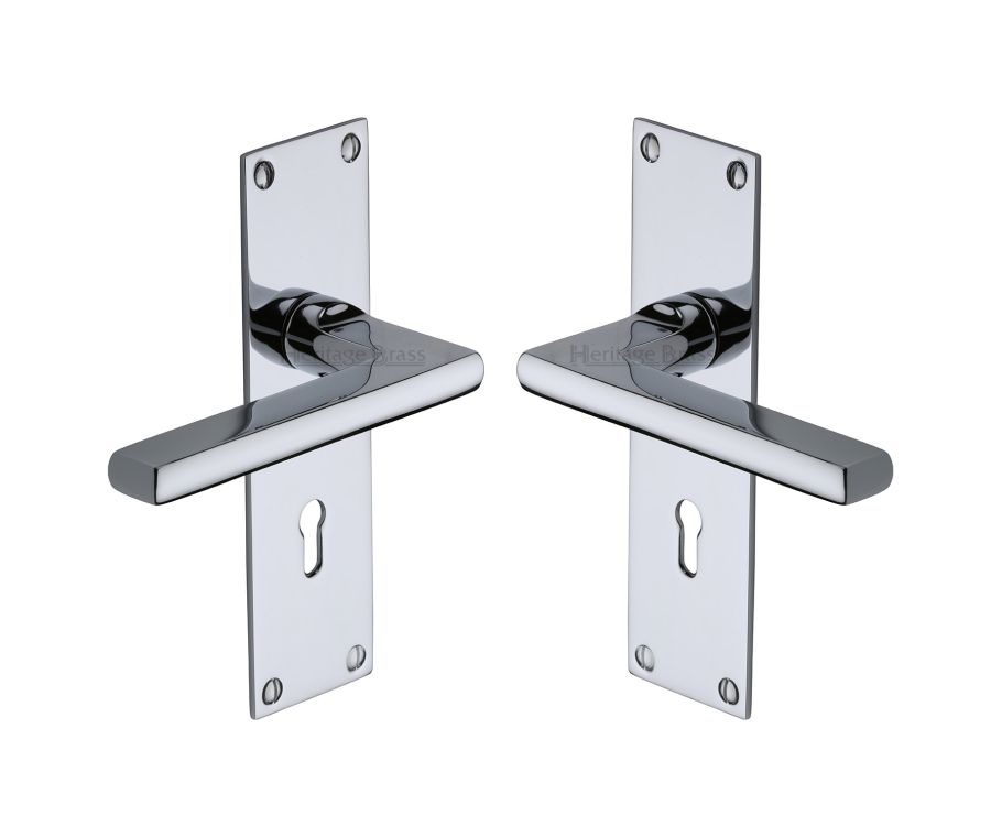 Heritage Brass Polished Chrome Trident Door Handle on Plate - Lever Lock