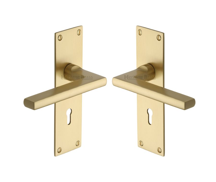 Heritage Brass Satin Brass Trident Door Handle on Plate - Lever Lock