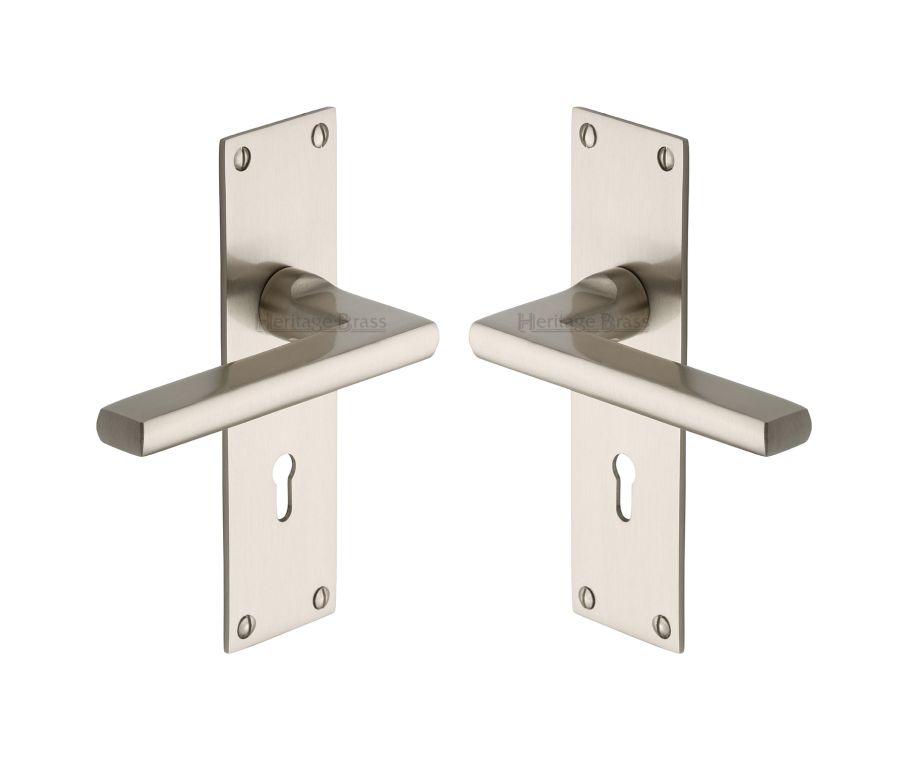 Heritage Brass Satin Nickel Trident Door Handle on Plate - Lever Lock