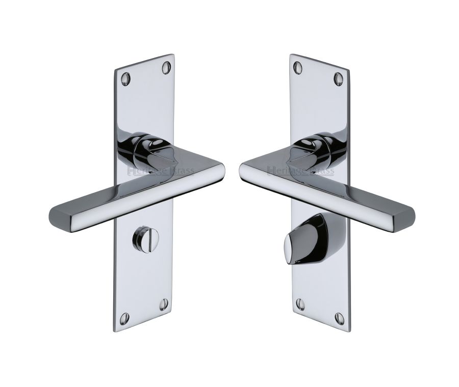 Heritage Brass Polished Chrome Trident Door Handle on Plate - Bathroom Set