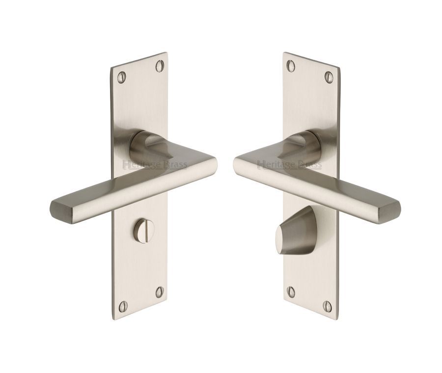 Heritage Brass Satin Nickel Trident Door Handle on Plate - Bathroom Set