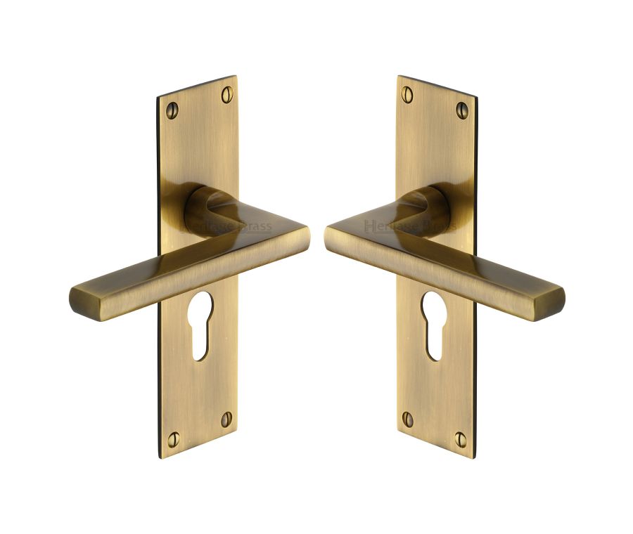 Heritage Brass Antique Brass Trident Door Handle on Plate - Euro Profile