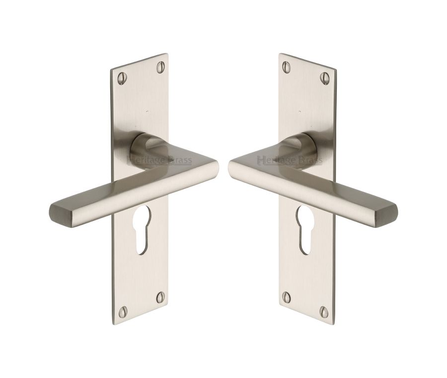 Heritage Brass Satin Nickel Trident Door Handle on Plate - Euro Profile