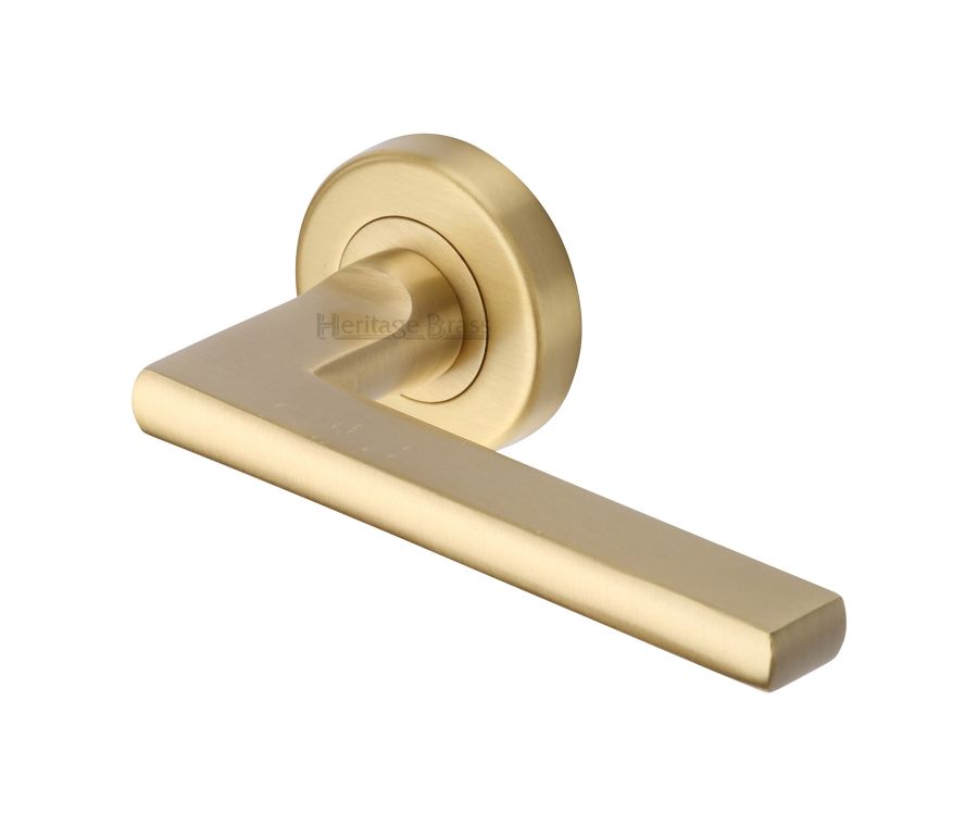 Satin Brass Trident Door Handle on Round Rose