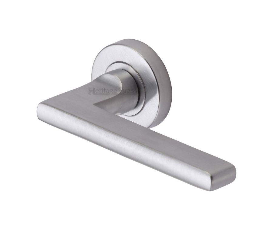 Satin Chrome Trident Door Handle on Round Rose