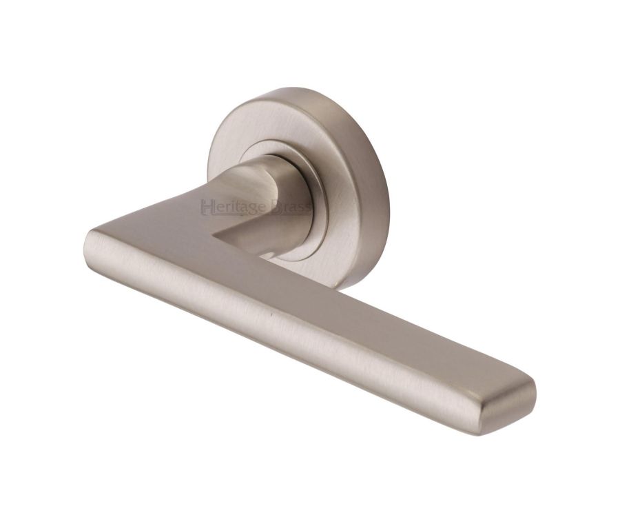 Satin Nickel Trident Door Handle on Round Rose