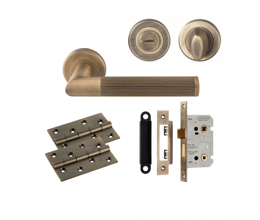 Antique Brass Trend Lines Lever Handle Door Kit - Bathroom