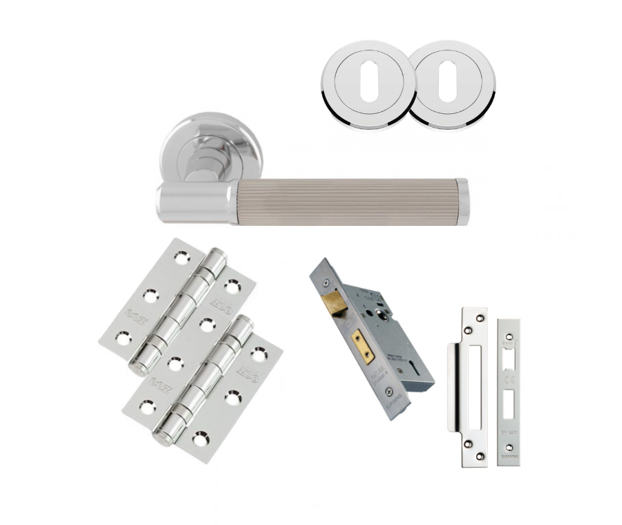 Polished Chrome and Satin Nickel Image Lines Lever Handle Door Kit - Lock