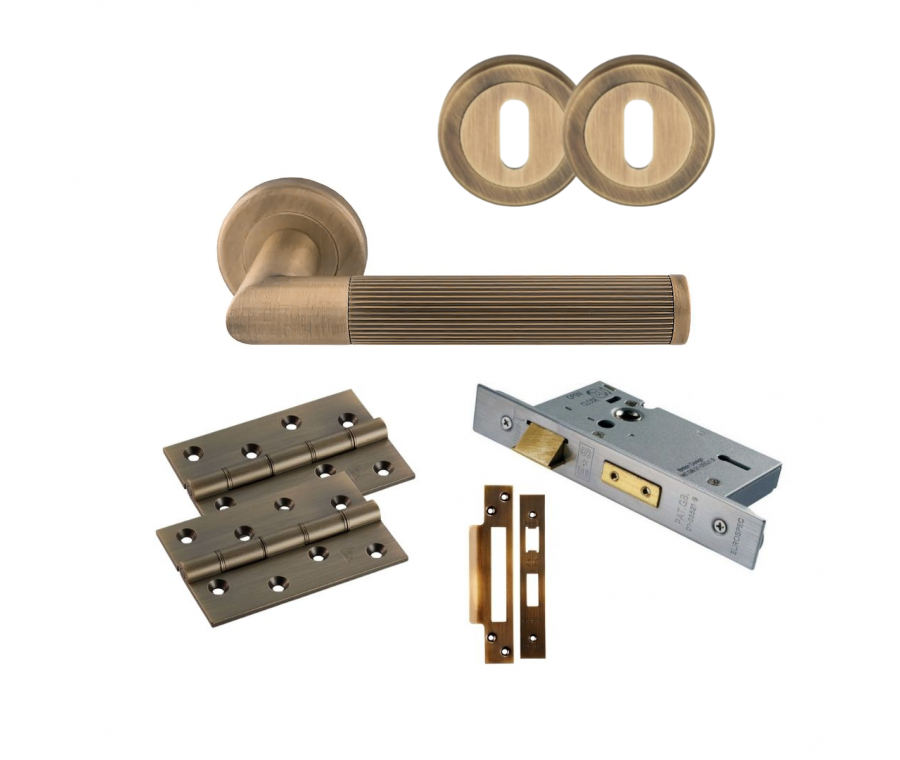 Antique Brass Trend Lines Lever Handle Door Kit - Lock