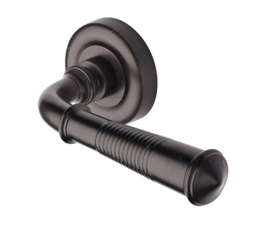 Matt Bronze Colonial Reeded Door Handle on Round Rose