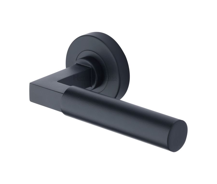Matt Black Bauhaus Door Handle on Round Rose