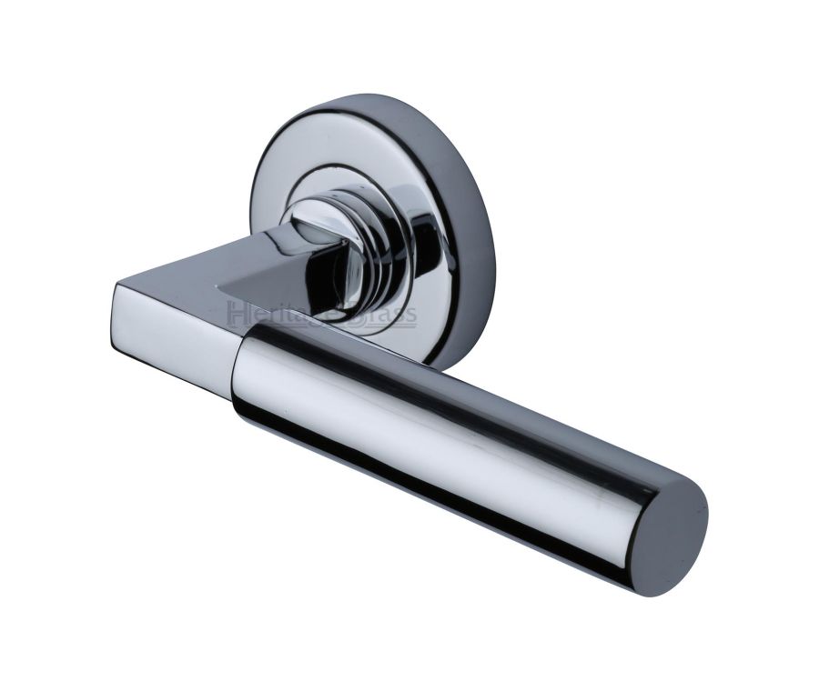 Polished Chrome Bauhaus Door Handle on Round Rose
