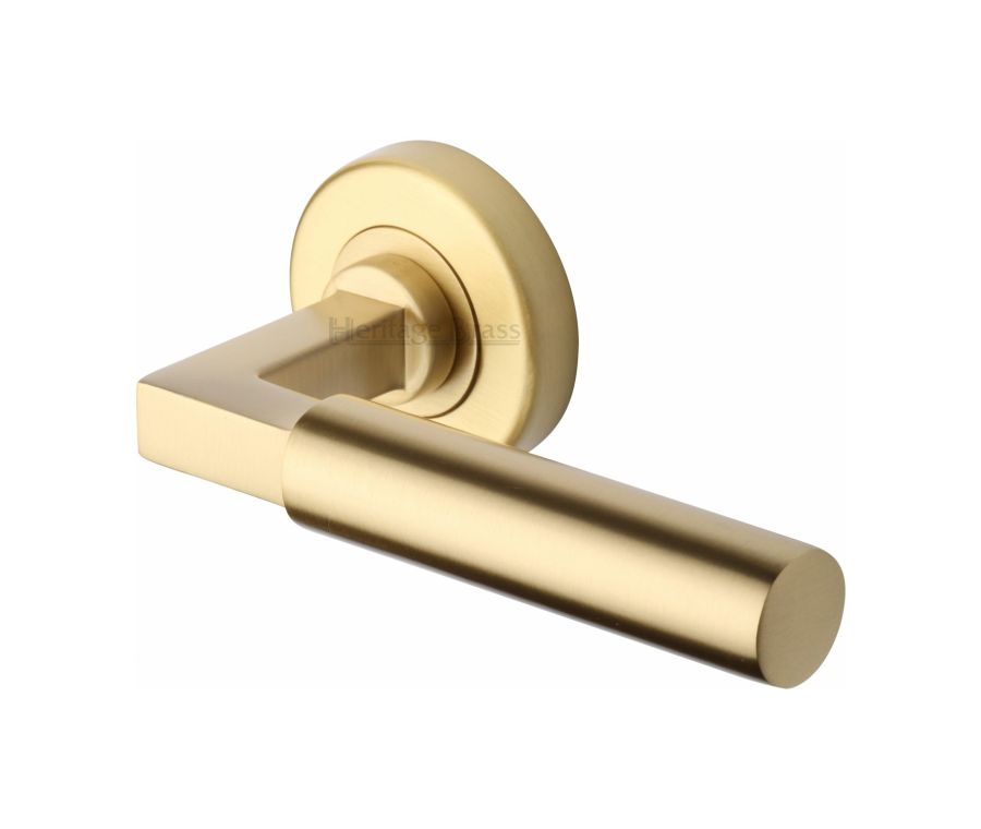 Satin Brass Bauhaus Door Handle on Round Rose