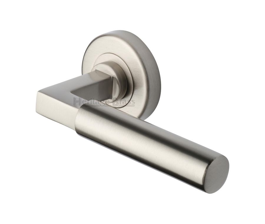Satin Nickel Bauhaus Door Handle on Round Rose