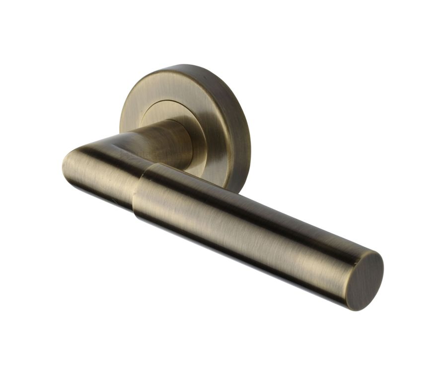 Antique Brass Bauhaus Mitre Door Handle on Round Rose