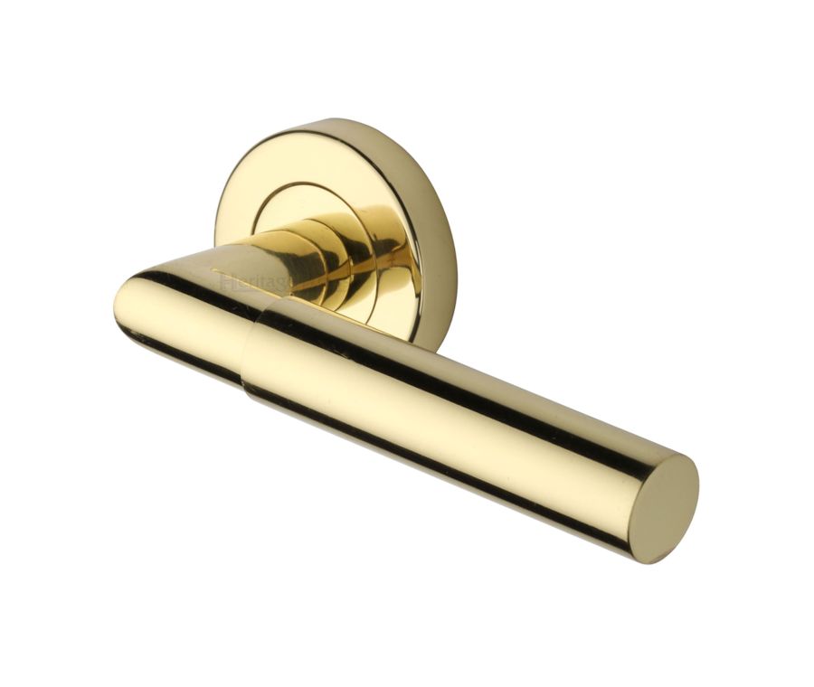 Polished Brass Bauhaus Mitre Door Handle on Round Rose