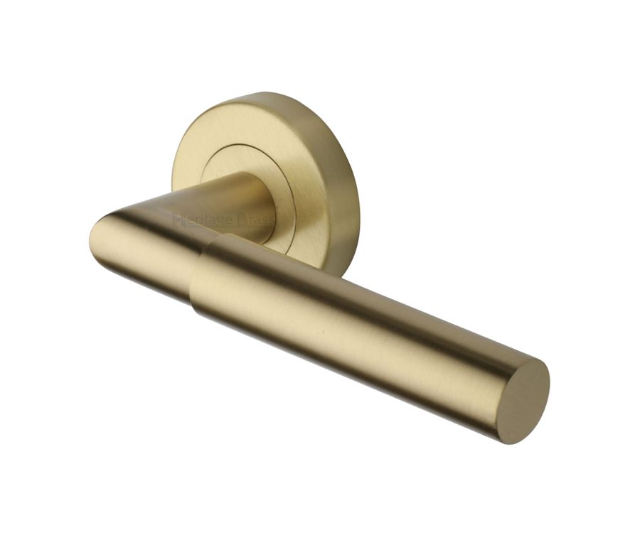 Satin Brass Bauhaus Mitre Door Handle on Round Rose