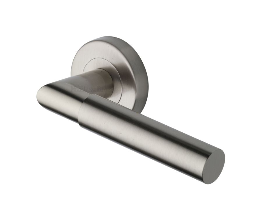 Satin Nickel Bauhaus Mitre Door Handle on Round Rose