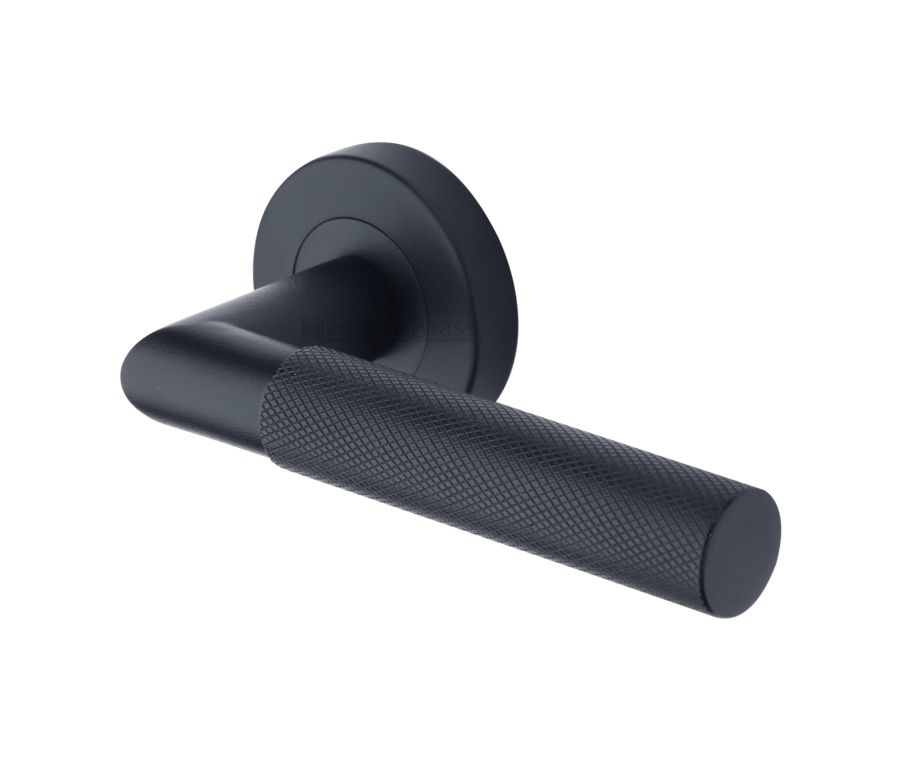 Matt Black Bauhaus Mitre Knurled Door Handle on Round Rose