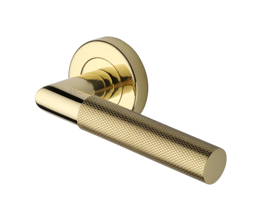 Polished Brass Bauhaus Mitre Knurled Door Handle on Round Rose
