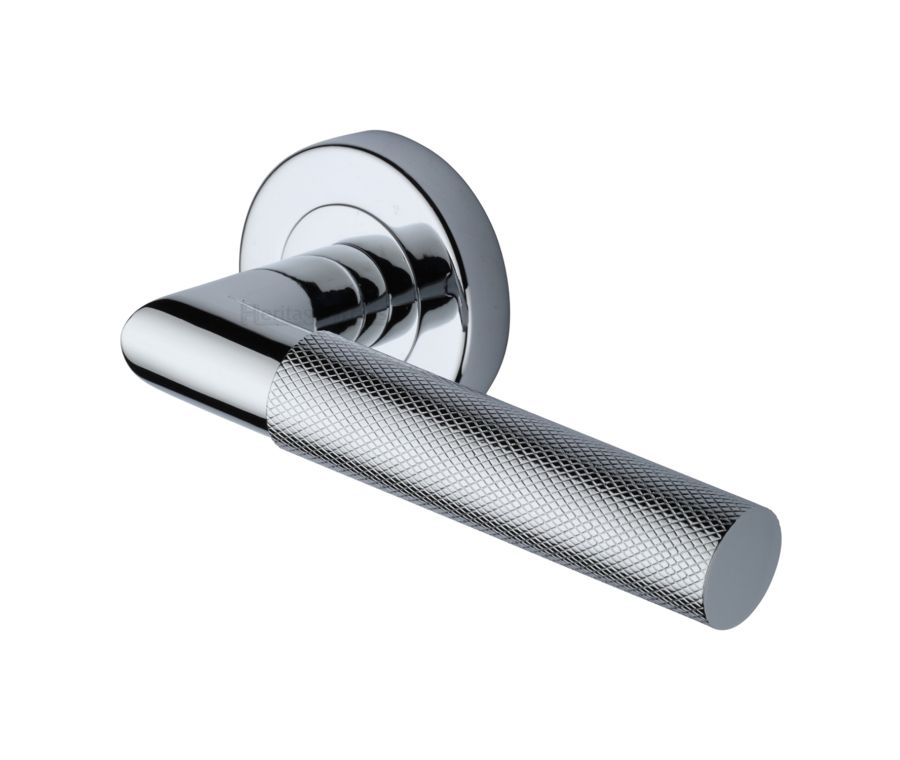 Polished Chrome Bauhaus Mitre Knurled Door Handle on Round Rose
