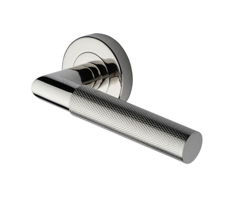 Polished Nickel Finish Bauhaus Mitre Knurled Door Handle on Round Rose