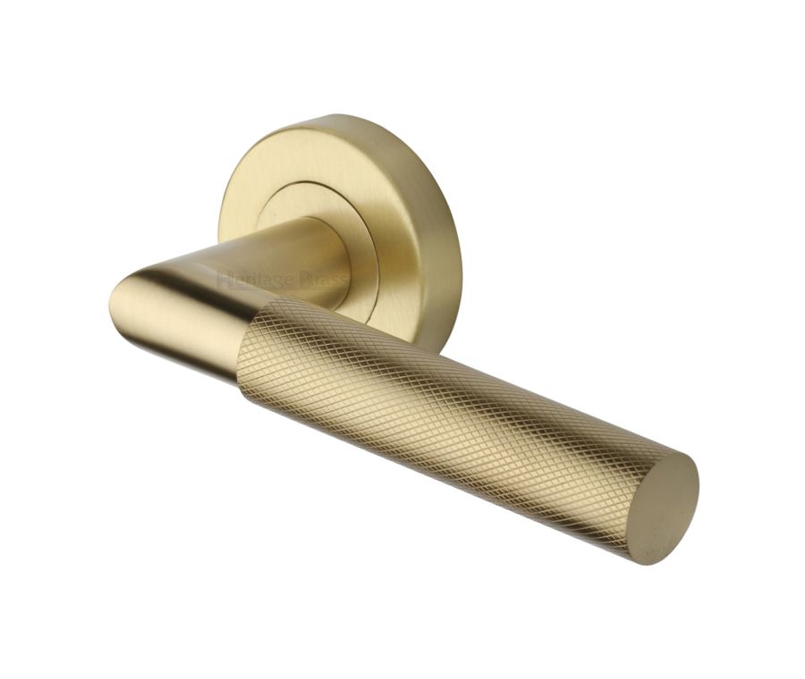 Satin Brass Bauhaus Mitre Knurled Door Handle on Round Rose