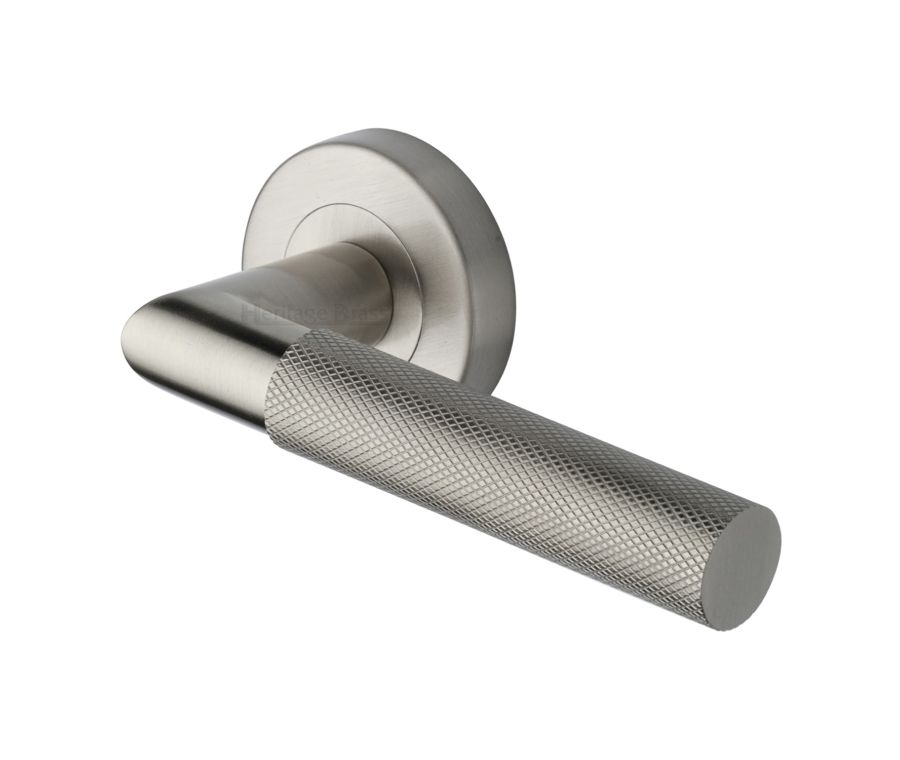 Satin Nickel Bauhaus Mitre Knurled Door Handle on Round Rose