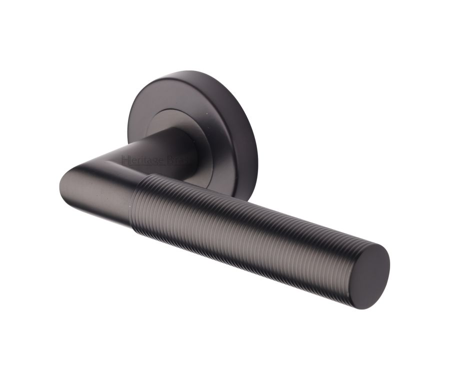 Matt Bronze Bauhaus Mitre Reeded Door Handle on Round Rose