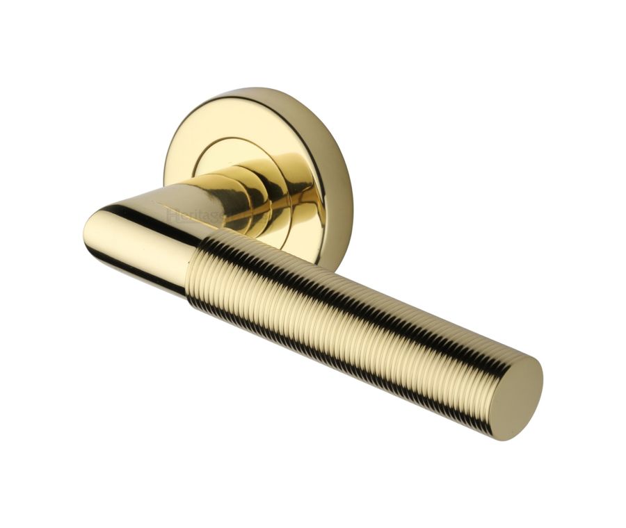 Polished Brass Bauhaus Mitre Reeded Door Handle on Round Rose