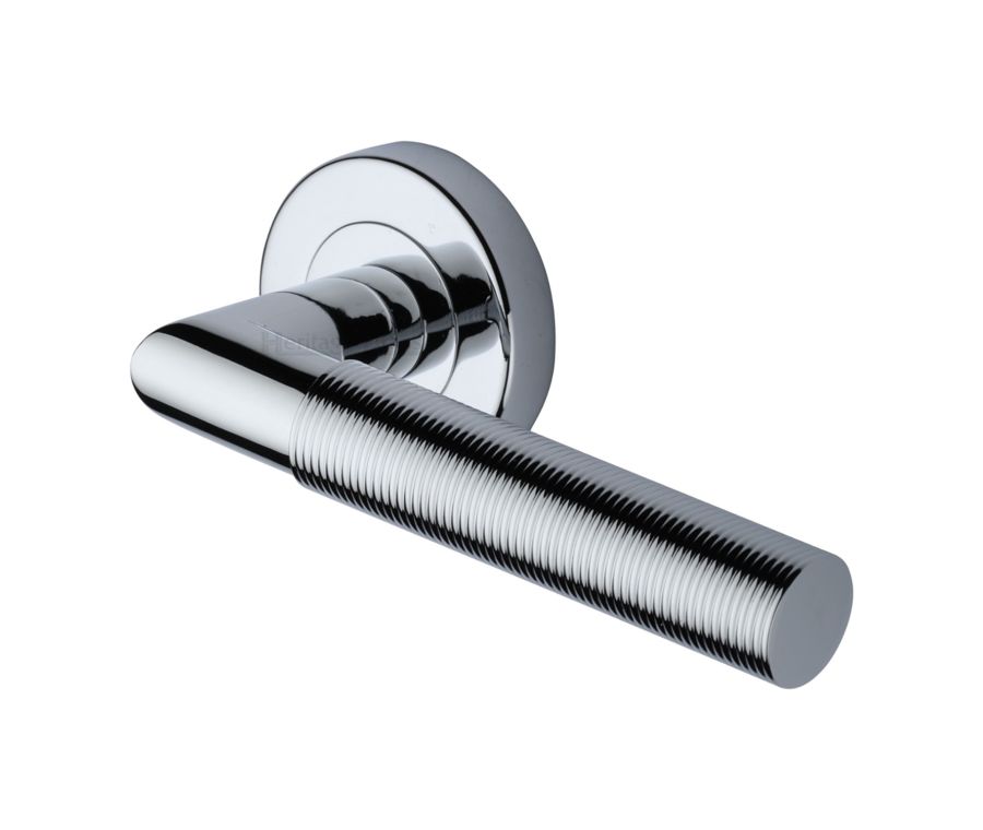 Polished Chrome Bauhaus Mitre Reeded Door Handle on Round Rose