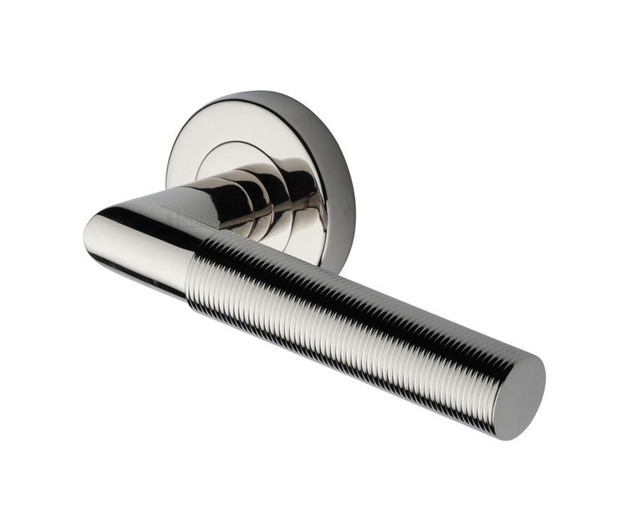 Polished Nickel Finish Bauhaus Mitre Reeded Door Handle on Round Rose