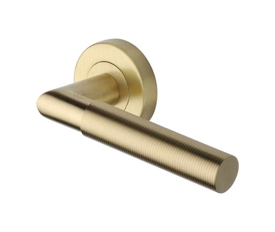 Satin Brass Bauhaus Mitre Reeded Door Handle on Round Rose