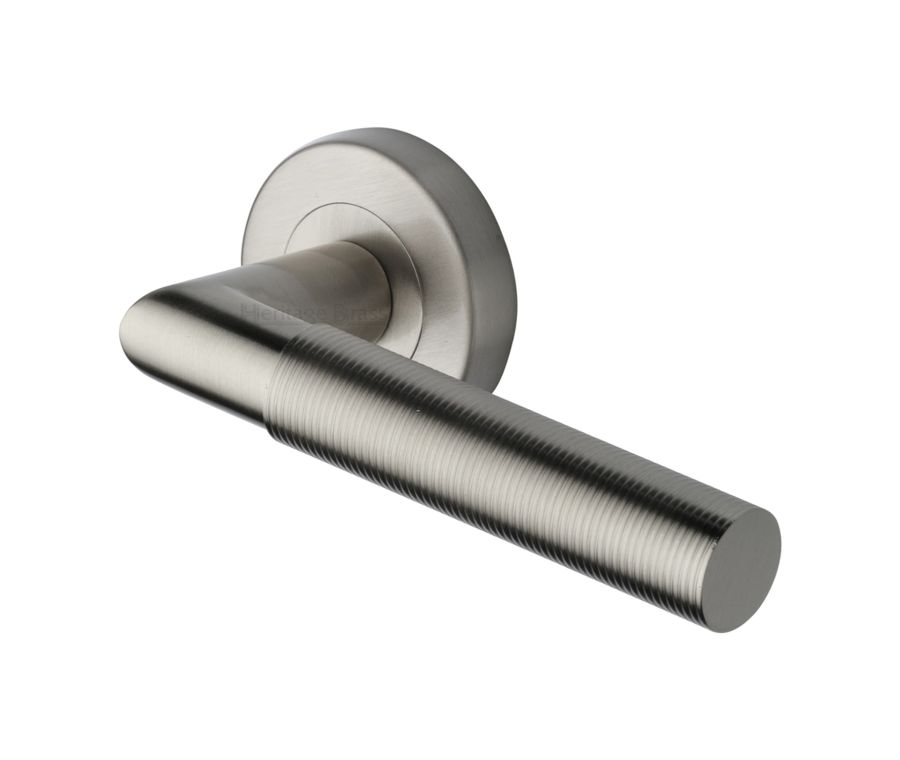 Satin Nickel Bauhaus Mitre Reeded Door Handle on Round Rose