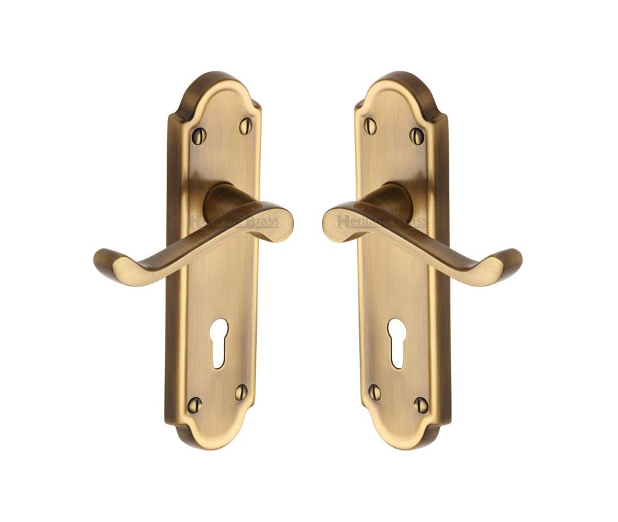Heritage Brass Antique Brass Meridian Door Handle on Plate - Lever Lock