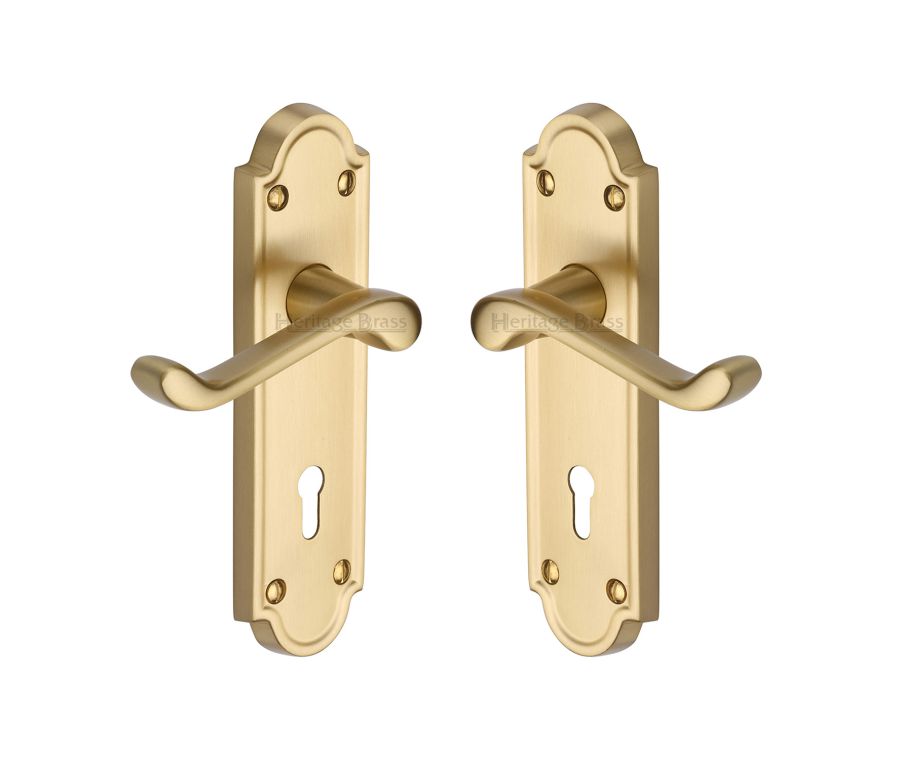Heritage Brass Satin Brass Meridian Door Handle on Plate - Lever Lock