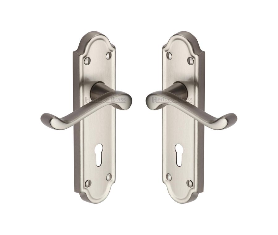 Heritage Brass Satin Nickel Meridian Door Handle on Plate - Lever Lock