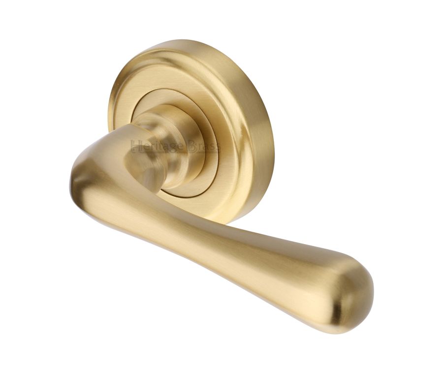 Satin Brass Charlbury Door Handle on Round Rose