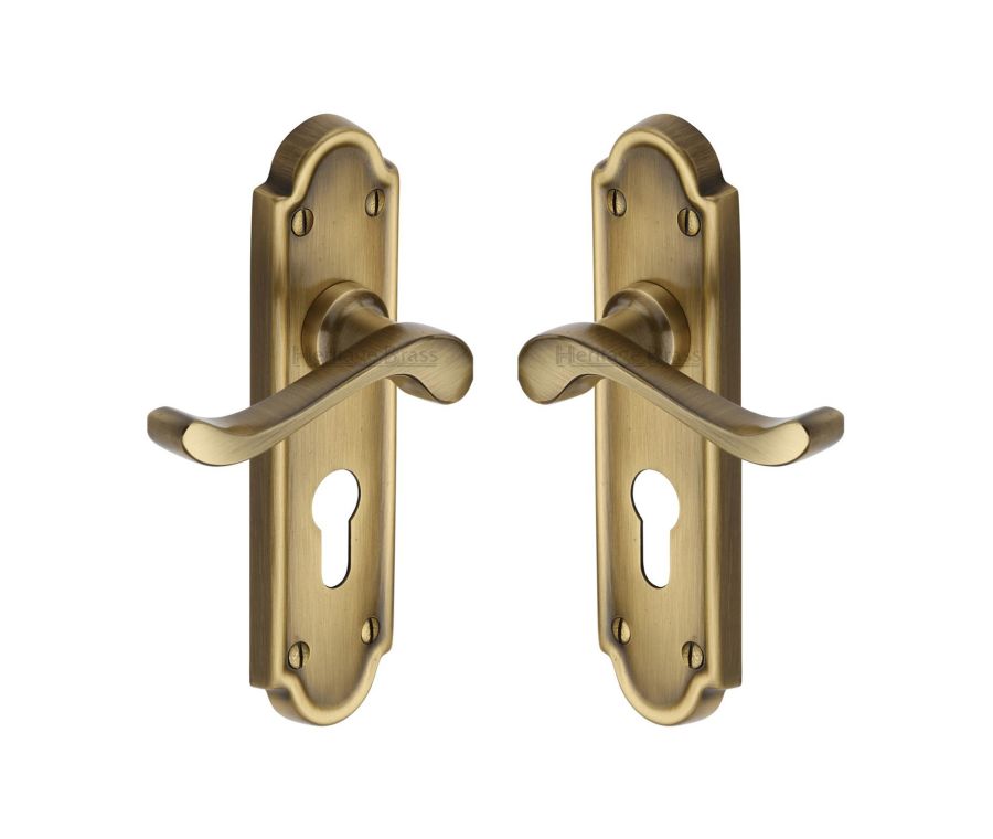 Heritage Brass Antique Brass Meridian Door Handle on Plate - Euro Profile
