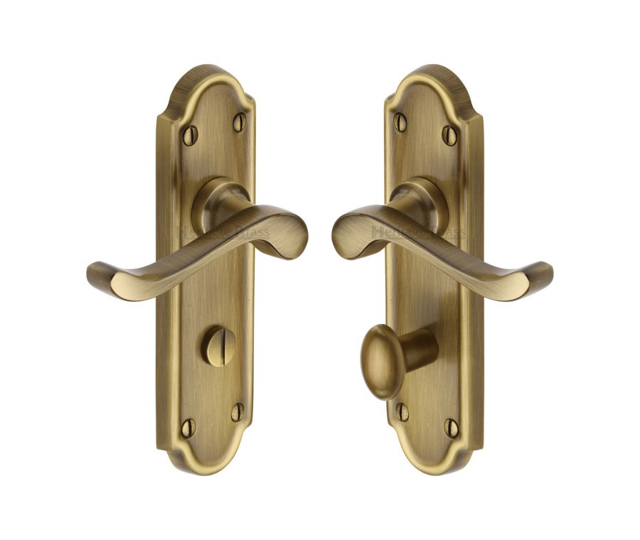 Heritage Brass Antique Brass Meridian Door Handle on Plate - Bathroom Set